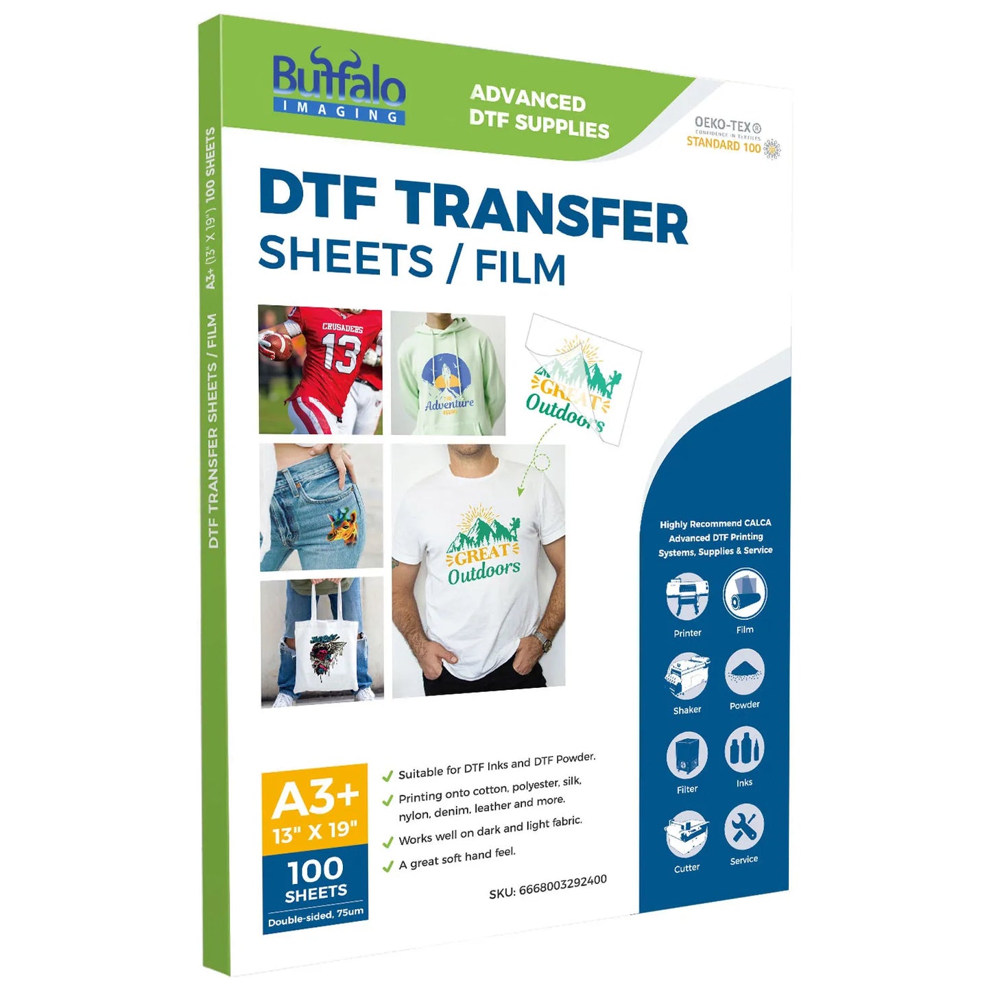 13″ x 19″ Size DTF Transfer Film – Double Sided, Hot Peel- 100 Sheets