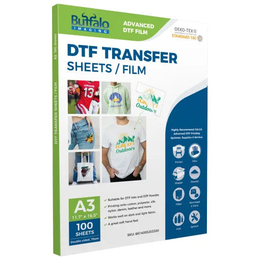 A3 – 11.7″ x 16.5″ Size DTF Transfer Film – Double Sided, Hot Peel – 100 Sheets